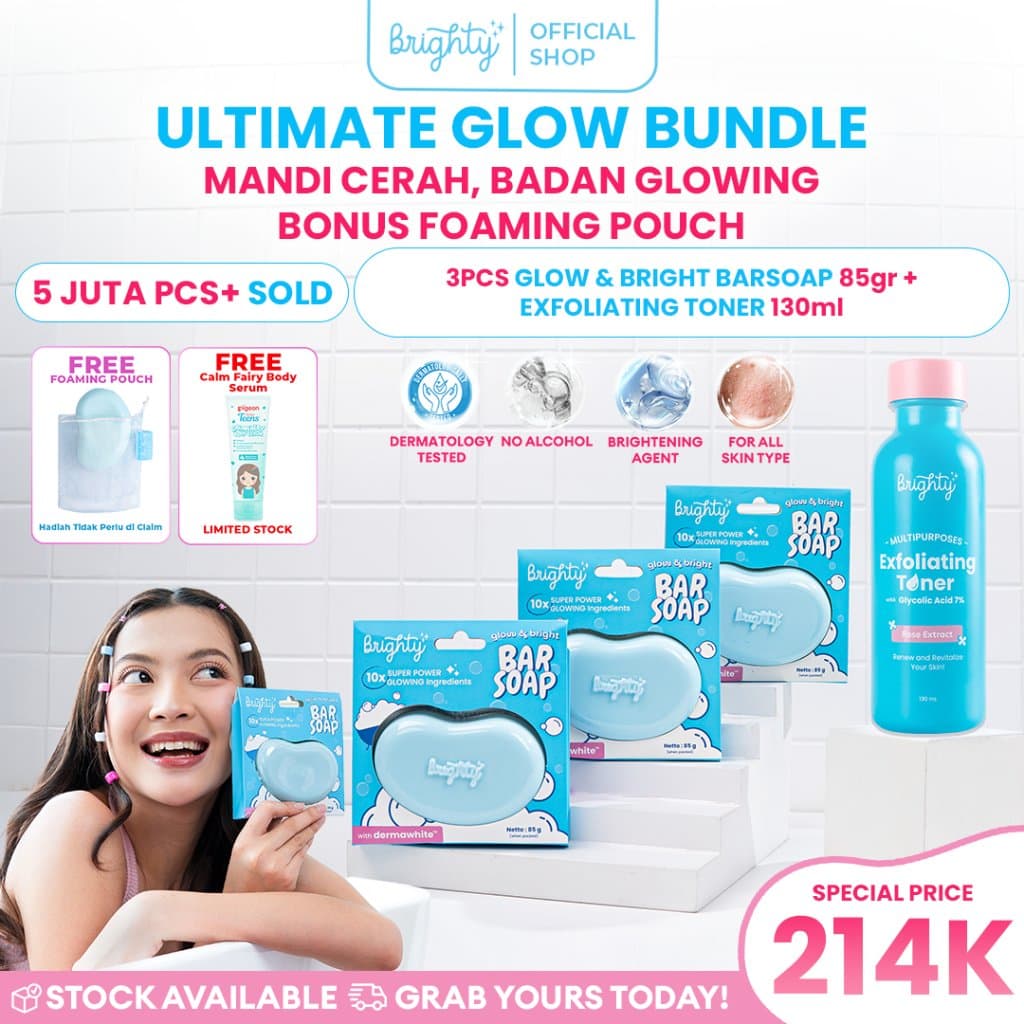 [Paket Hemat] Brighty Glow & Bright Bar Soap 3pcs + Brighty Multipurpose Exfoliating Toner 1pcs