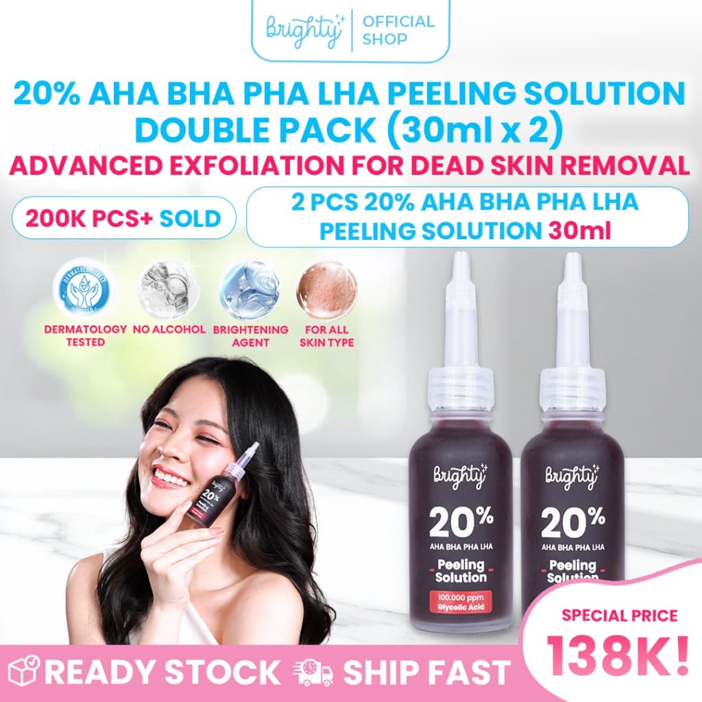 Brighty 20% AHA BHA PHA LHA Peeling Solution Pencerah Kulit Exfoliasi Peeling Serum Pembersih Komedo Serum Komedo Serum Pencerah Serum Pemutih Serum Bekas Jerawat Serum Acne Pelembab Wajah Essence Pencerah Scrub Exfoliasi Sudah BPOM Halal Chemical Peeling