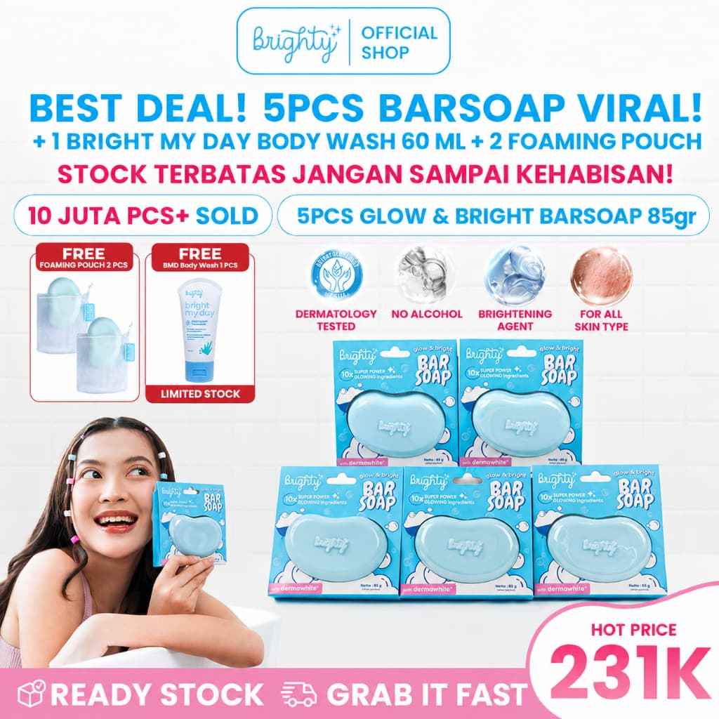 Brighty Glow & Bright Bar Soap X Brighty Bright My Day Body Wash 60ml Sabun Pencerah Badan