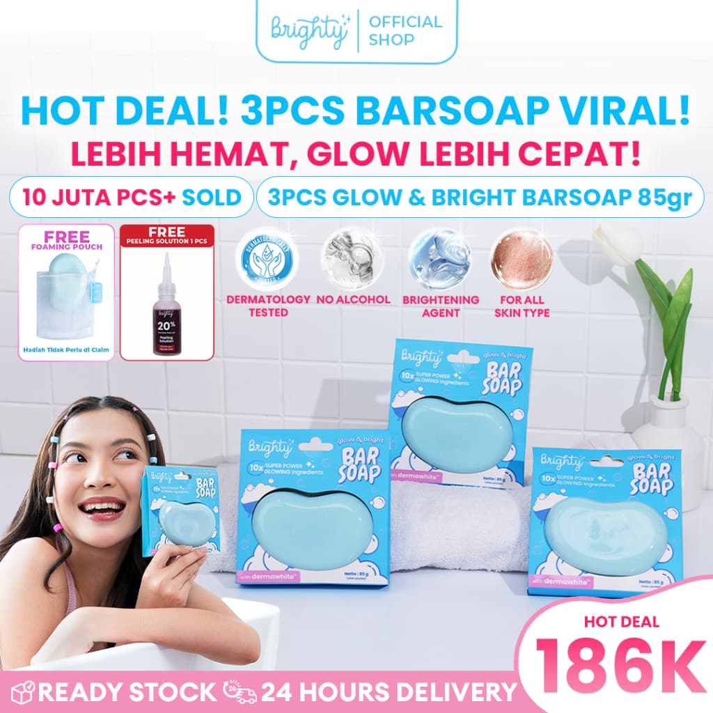 [PAKET CERAH 1 BULAN] 3 Pcs Brighty Glow & Bright Bar Soap – Sabun Batang Pencerah Kulit untuk Mencerahkan, Menutrisi & Menyamarkan Noda Gelap Di  Seluruh Tubuh