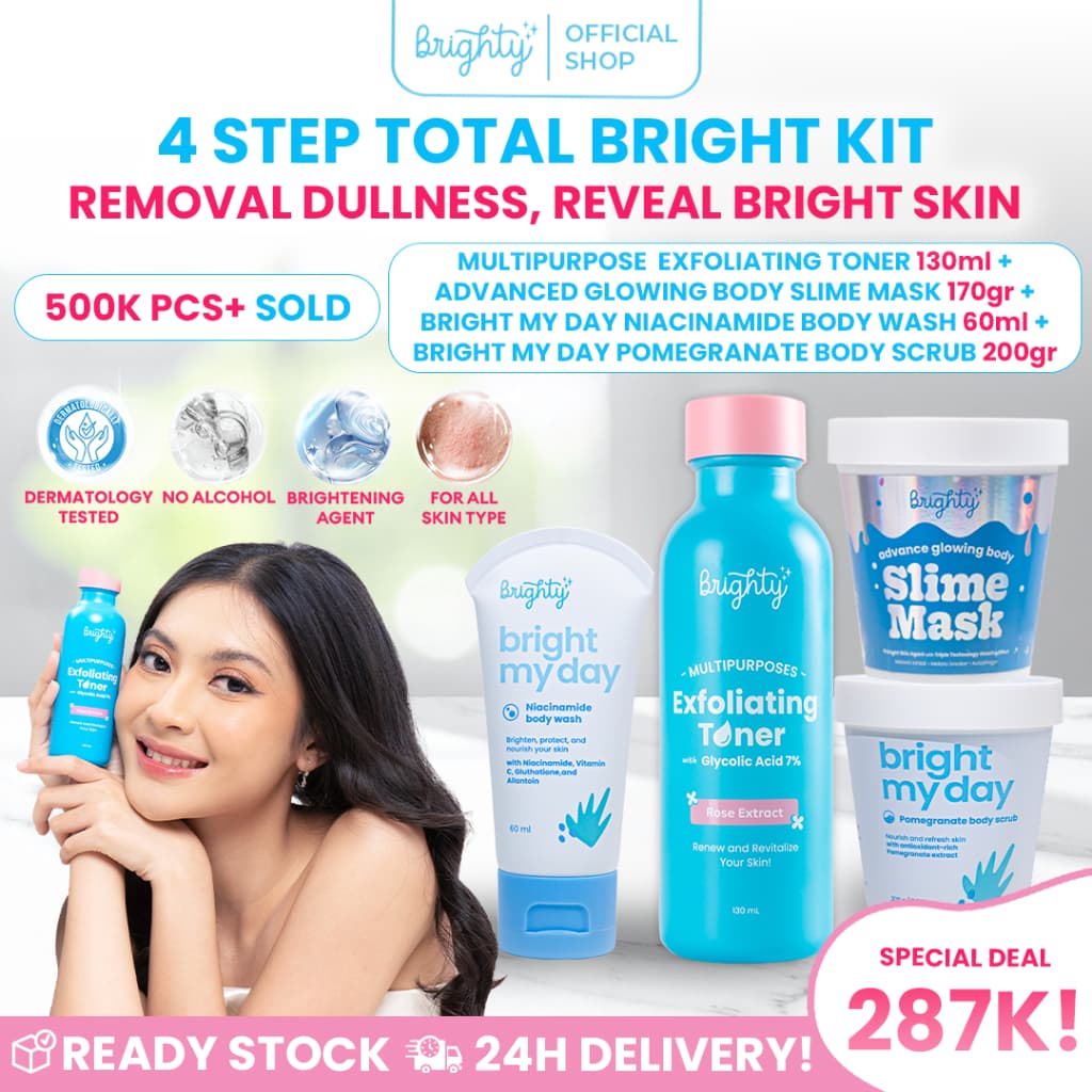 Brighty Multipurpose Exfoliating Toner X Brighty Advanced Glowing Body Slime Mask X Brighty Bright My Day  Niacinamide Body Wash 60 ML X Brighty Bright My Day Pomegranate Body Scrub