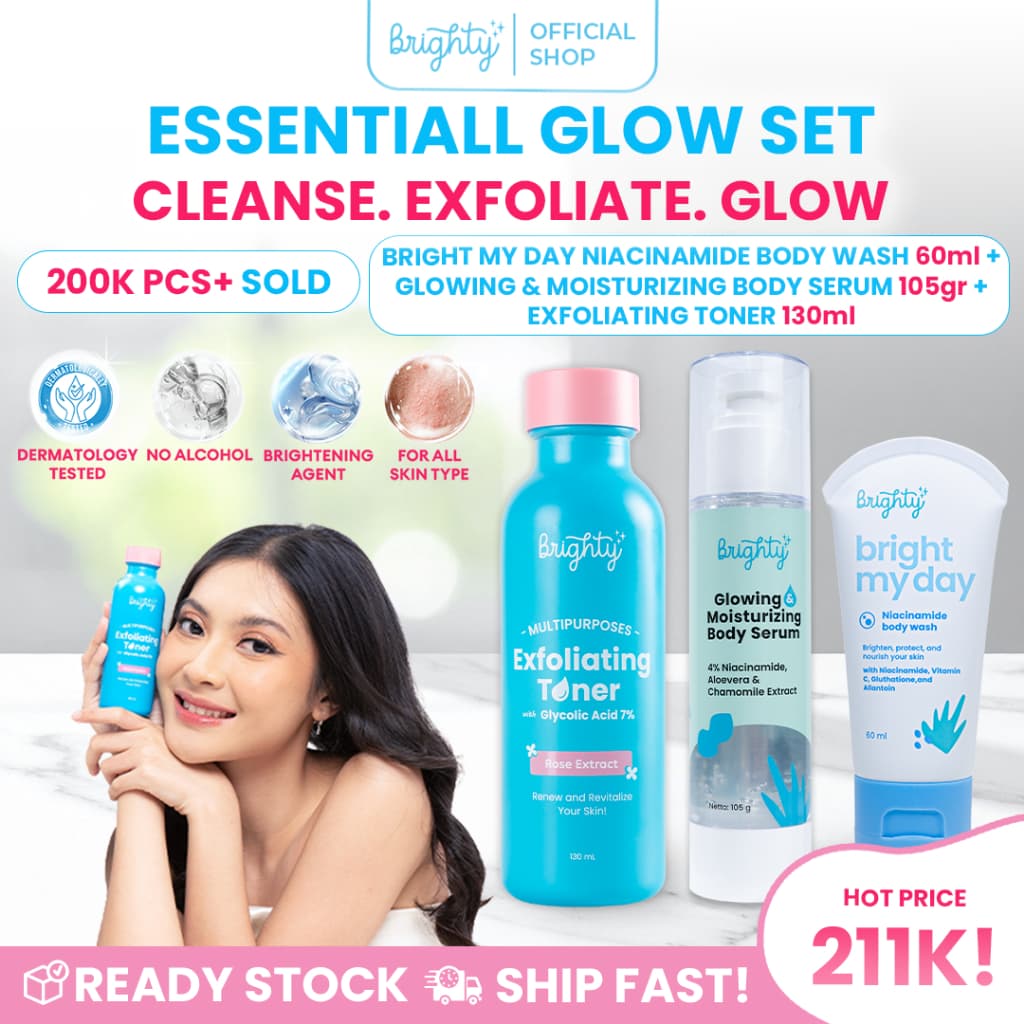 Brighty Multipurpose Exfoliating Toner X Bright My Day  Niacinamide Body Wash 60 ML X Glowing & Moisturizing Body Serum