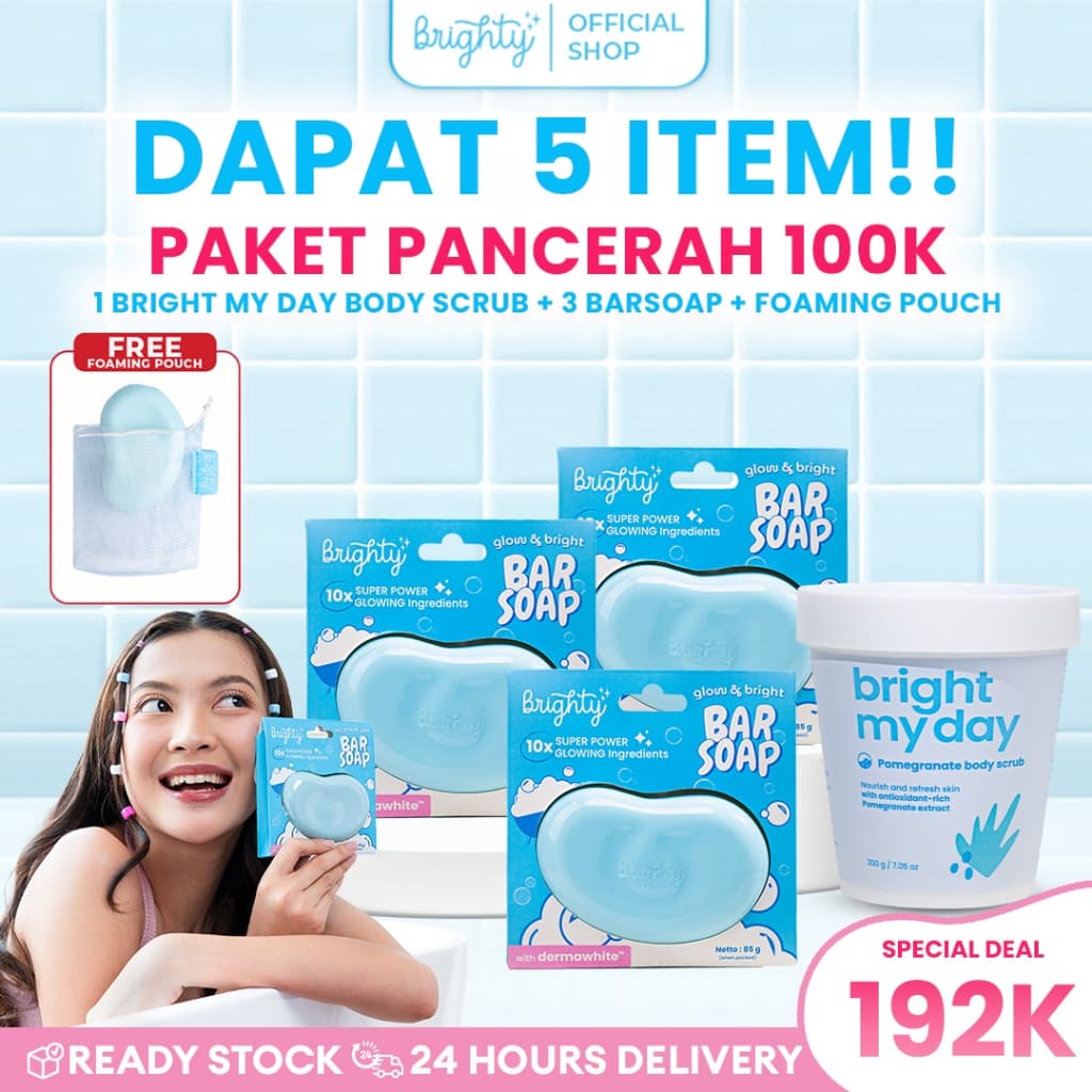 3 Pcs Brighty Glow & Bright Bar Soap X Bright My Day  Pomegranate Body Scrub  5x Powerful Brightening 6x Hydrations Pomegranate