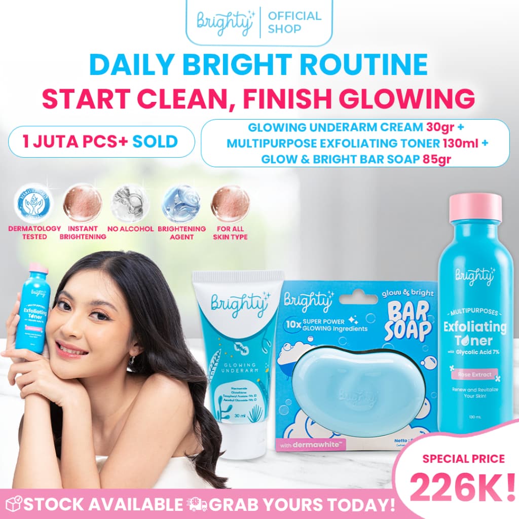 [PAKET HEMAT GLOWING] Brighty Multipurpose Exfoliating Toner X Glowing Underarm Cream X Glow & Bright Bar Soap