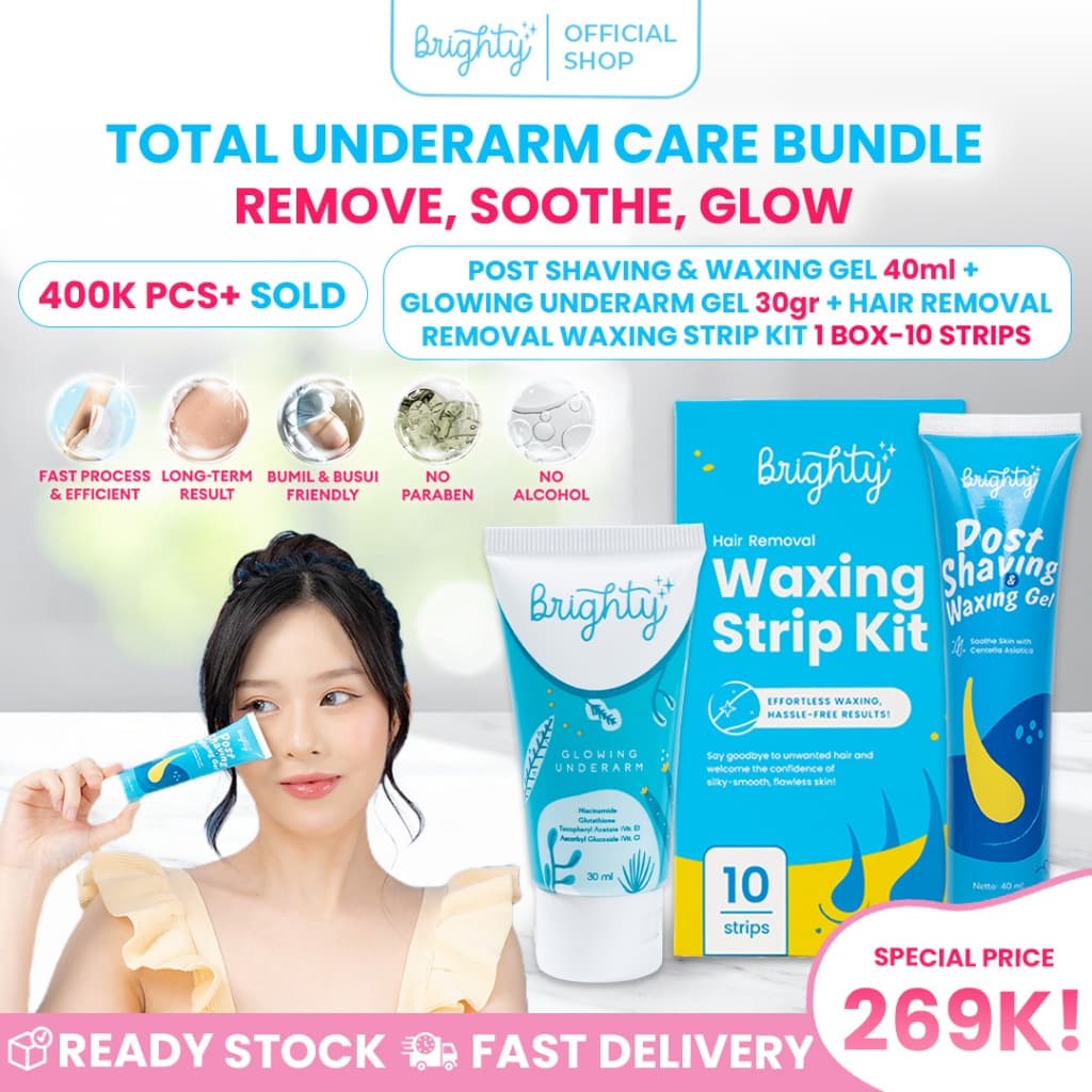 Brighty Post Shaving & Waxing Gel + Glowing Underarm Cream + Waxing Strip Kit Waxing pencukur bulu kemaluan sugar wax perontok bulu perontok bulu kemaluan pencukur bulu penghilang bulu pembersih bulu ketiak waxing bulu ketiak perontok bulu ketiak